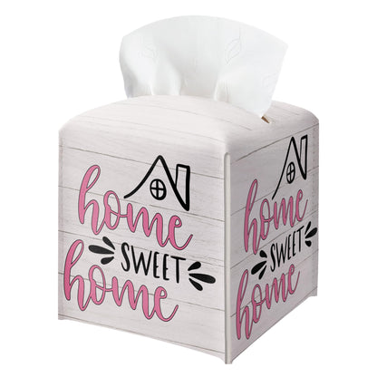 Home Sweet Home Tissue Box Cover, PU Leather Tissue Box Holder Square with Bottom Belt, Facial Paper Organizer Dispenser Toilet Paper Holder for Bathroom Kitchen Office Decor-A22