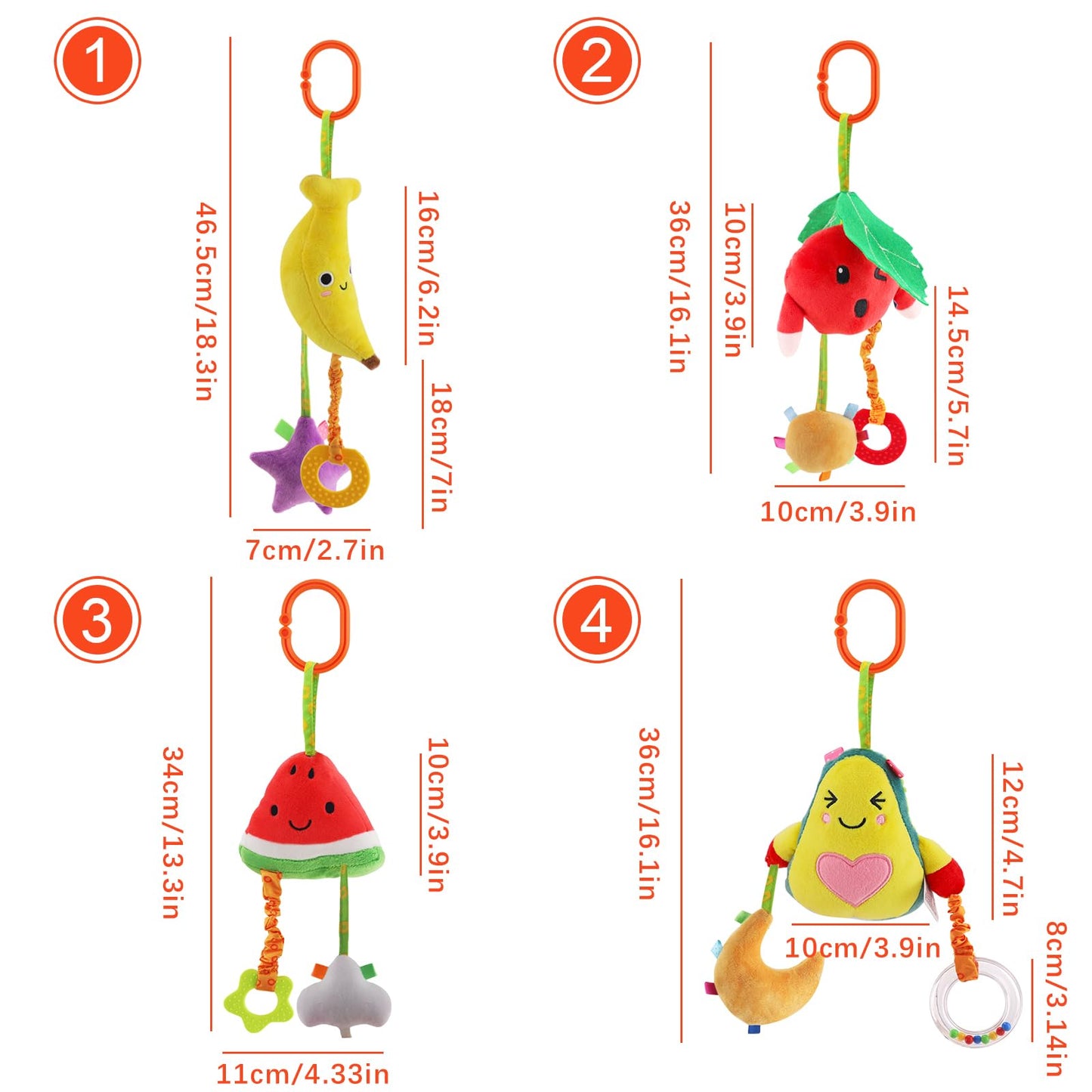 KAKIBLIN Baby Hanging Toys, 4 Pack Carseat Toys,Early Baby Cognitive Sensory Soft Hanging Toy for Crib Stroller Gym Mobile Plush Toy,Suitable for Babies 0-12 Months,Fruit