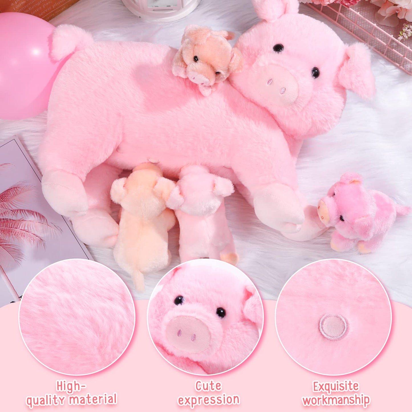 Honoson Nurturing Pig Stuffed Animal with Babies, Cuddly Nursing Mommy Pig Plushy with 4 Stuffed Magnetic Piggy Toys for Kids Boys Girls Birthday Gifts Family Funny Toys Party Decors Farm(Cute)