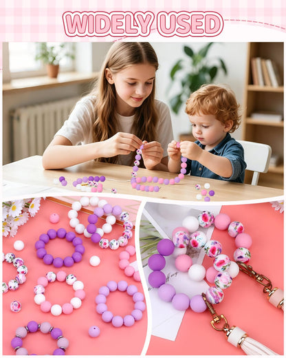 SALUOKE 100 Pcs 15mm Silicone Beads for Keychain Making, Purple White Silicone Beads Bulk Round for Bracelets Pens Crafts Jewelry Making (Purple White)