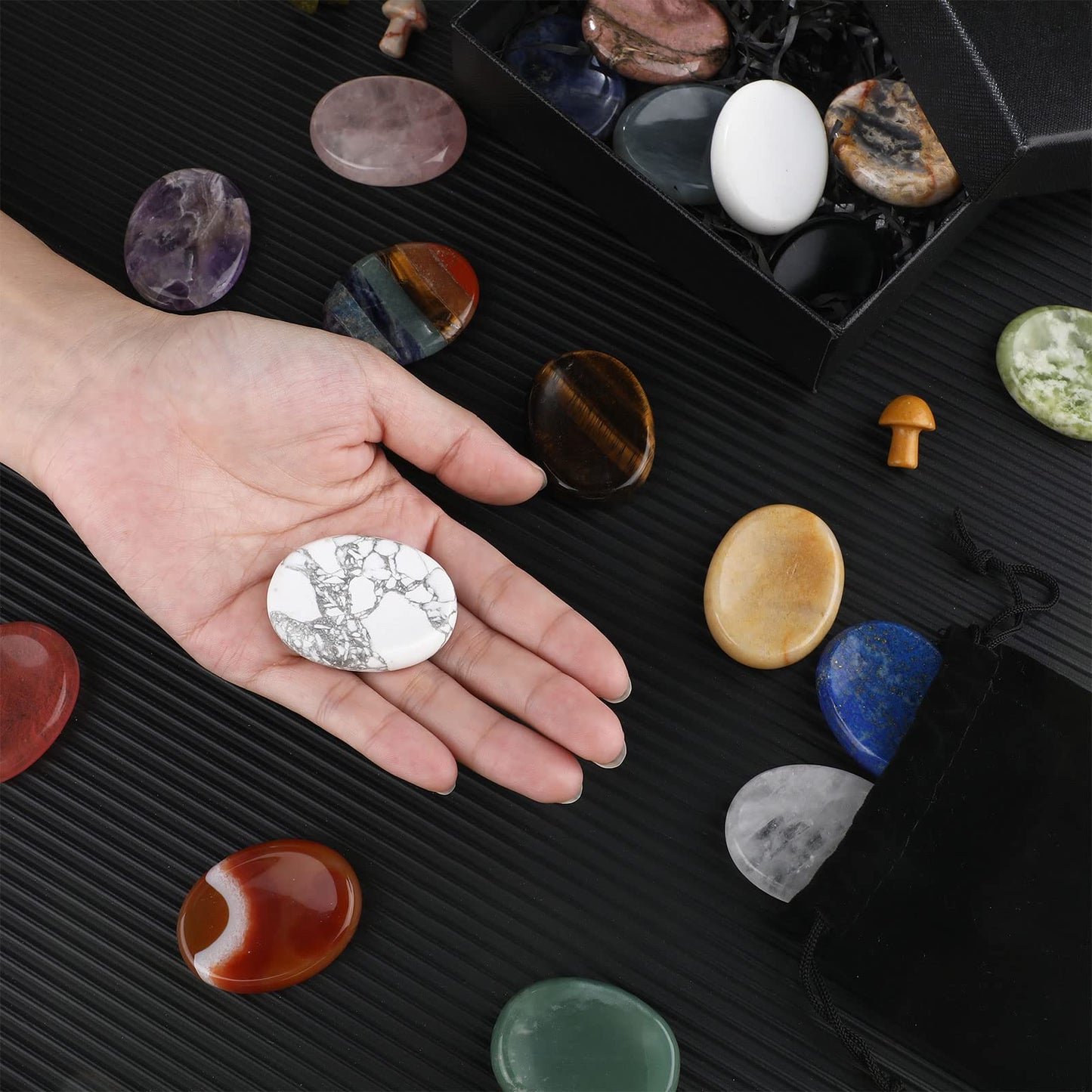 Fumete 18 Pcs Thumb Worry Stone for Anxiety Chakra Crystals Oval Chakra Stones Amethyst Tigers Eye Crystal for Anxiety Stress Relief Meditation Valentines Easter Gift Office Stress (Mixed Set)