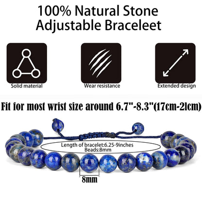 QOGIR Handmade Healing Bracelets for Women,8mm Natural Lapis Lazuli Gem Stone Beads Bracelet,for Men Women Gifts with 2PCS Size Adjustable Rope Bracelets