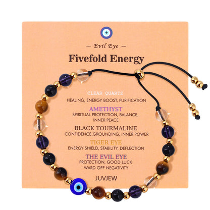 Cute Evil Eye Bracelet Red Black - Natural Crystal Protection Adjustable Spiritual Guardian Jewelry- 5 Healing Stones Clear Quartz Amethyst Black Tourmaline Tiger Eye Bracelet Adjustable (Blue Eye-Black Rope)