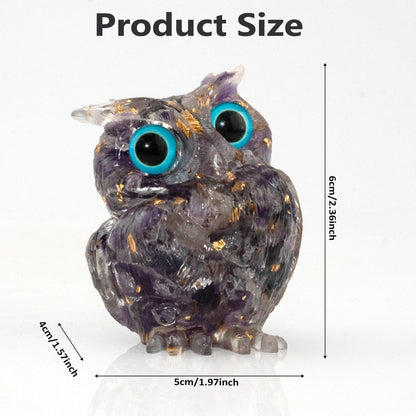 PinpinPony Owl Statue, Natural Gemstones Decor for Home Office, Shelf Display Figurine, Handcrafted Unique Owl Sculpture(Purple)