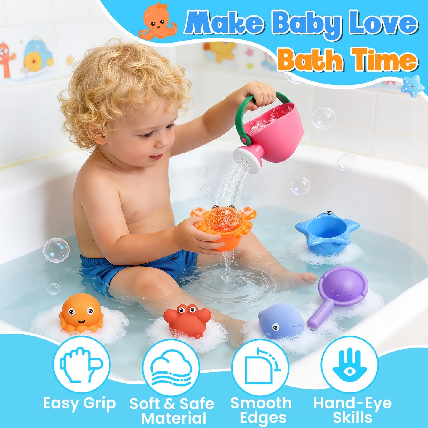 9 PCS Baby Bath Toys for Kids Ages 1-3, Toddler Bath Toys for 2-4 with 3 No Hole Squeezing Marine Animals Toys, Bathtub Beach Sand Water Table Toys for 1 2 3 Years Old Girls Boys Gifts