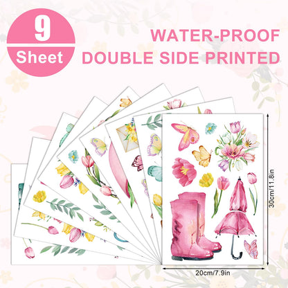 Whaline 75 Pcs Spring Summer Tulip Window Clings Tulip Flower Umbrella Truck Window Stickers Hello Spring Double-Side Glass Decals for Home Office School Party Shop Display Decoration