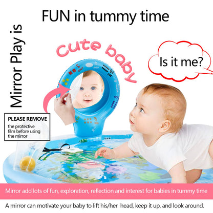 Tummy Time Mat Extra Large 31.5"×31.5" for 3-12 Months Baby, Inflatable Water Playmat with Mirror, Teethers, Rattles & Squeaker, Sensory Activity Center for Motor Development, Visual Stimulation