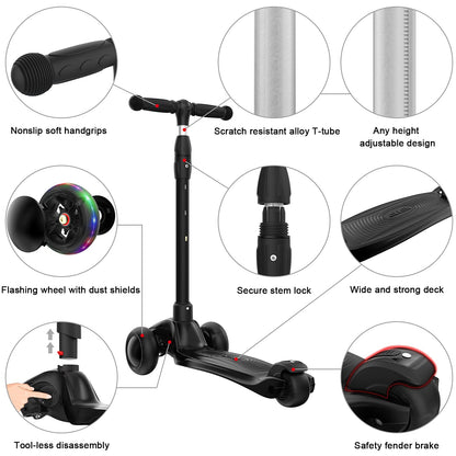 Allek Kick Scooter B03, Lean 'N Glide 3-Wheeled Push Scooter with Extra Wide PU Light-Up Wheels, Any Height Adjustable Handlebar and Strong Thick Deck for Children from 3-12yrs (Black)