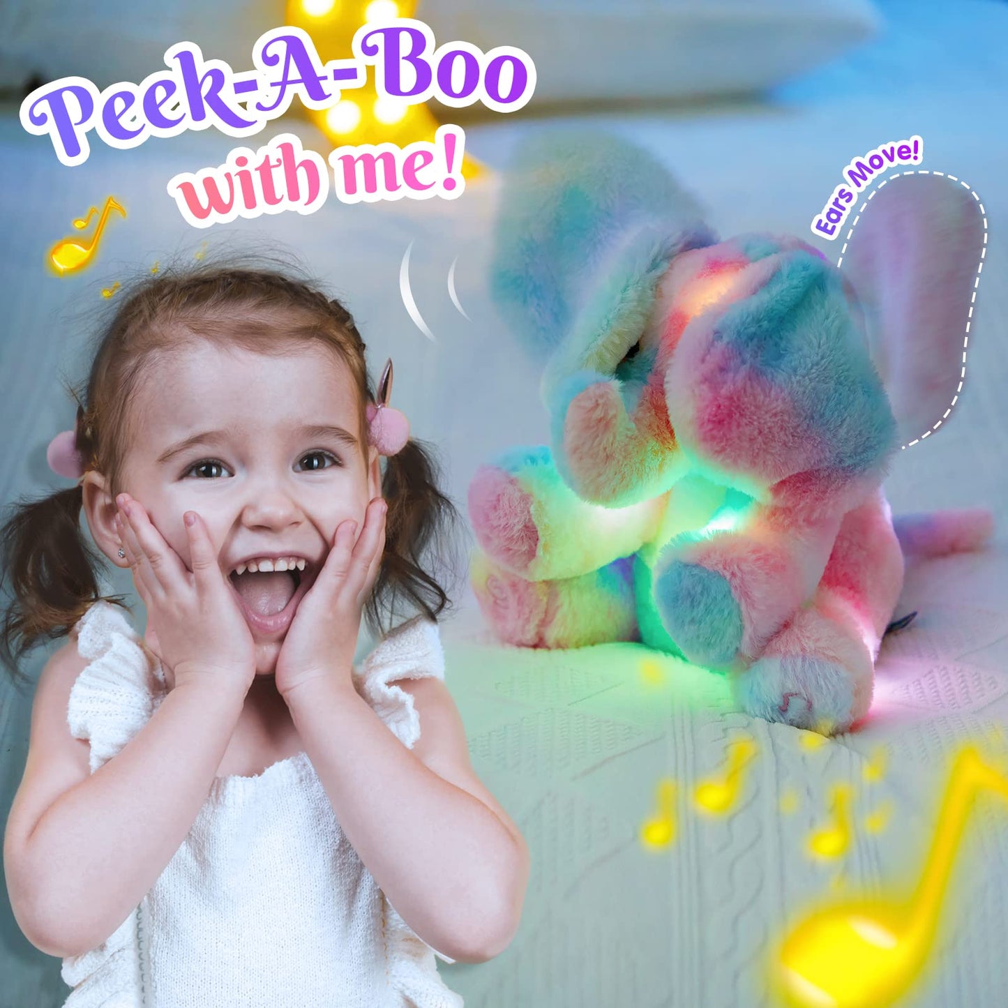 Glow Guards 12'' Light up Peek-a-Boo Elephant Stuffed Animal Musical Rainbow Elephant Singing Stuffed Animal Electric Interactive Toys Christmas Holiday Birthday Gifts for Toddler Kids