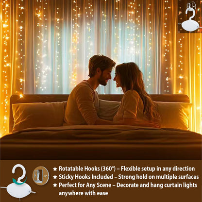 SINAMER Warm White Curtain Light for Bedroom, 300 LED 9.8ft x 9.8ft Window Fairy Curtain String Light with 16 Hooks, 8 Models Remote Control for Wedding Party Home Garden Indoor Decorations