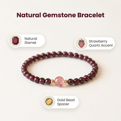 CNYTPE Garnet Bracelet for Women – Red Garnet Jewelry, Healing Crystal Bracelet, Handmade Gemstone Jewelry, Symbol of Love, Happiness & Harmony (Garnet & Strawberry Quartz Single-Strand)
