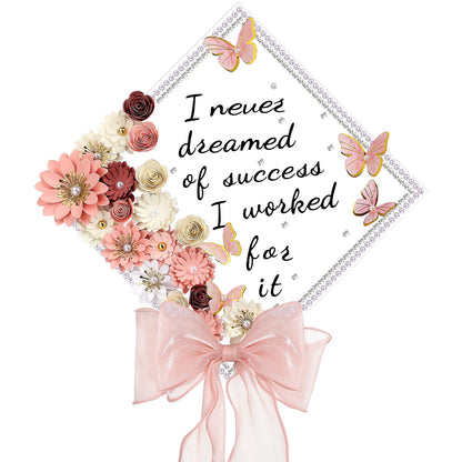 MotiMind 46 Pcs DIY Graduation Cap Decorations Kit Included Paper Flowers, 3D Butterfly Stickers, Rhinestone, Letter, Pearl Stickers, Mesh Ribbon Bow for DIY Grad Cap Decor(Pink)