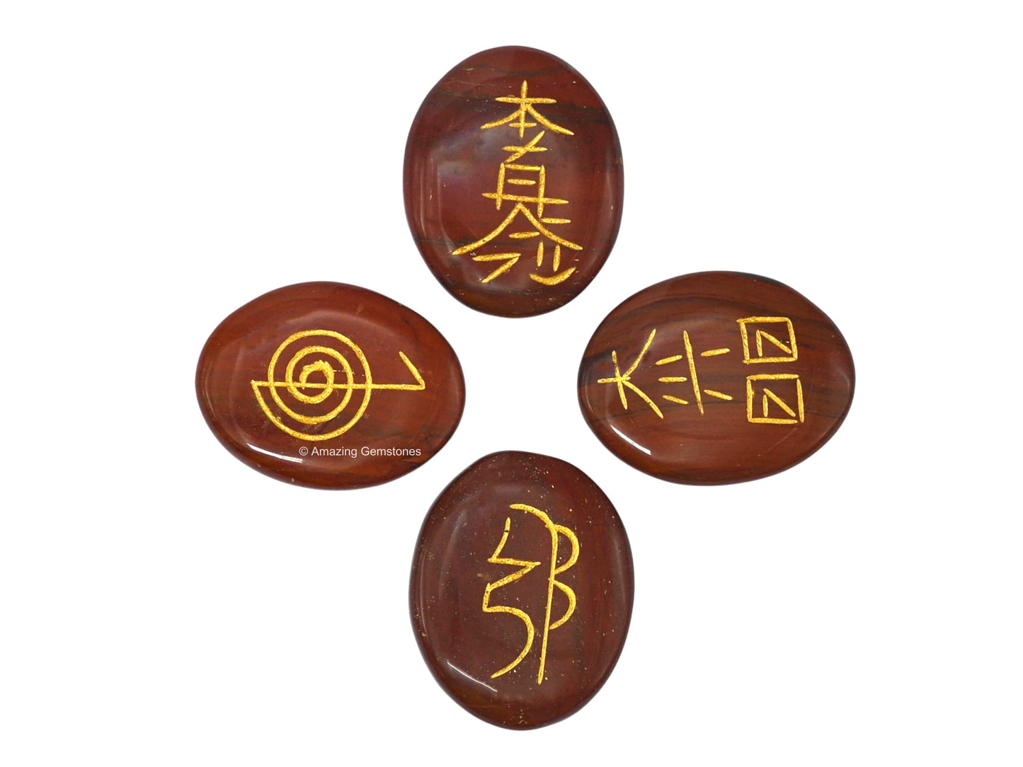 Amazing Gemstone Red Jasper Crystal Reiki Stones with Engraved Symbols for Usui Reiki Healing, Set of 4 Pcs (Indian Handmade Reiki Gift Set)