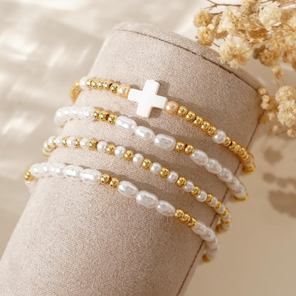 Bohxantium Pearl Gold Beaded Bracelets Set for Women White Cross Bracelet Stack Stretch 14K Gold Plated Beads Ball Stackable Non Tarnish Trendy Dainty Jewelry Friendship Christian Gifts for Women