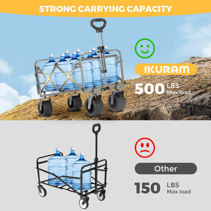 Collapsible Wagon Cart with Removable Tabletop, 500LBS Folding Wagons with Extended Tailgate, Big All-Terrain Wheels, Heavy Duty Utility Wagon Carts for Beach, Picnic, Grocery, Outdoor