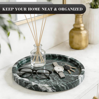 Woduelka Natural Round Marble Tray - 7.8" Marble Vanity Tray for Dresser, Bathroom, Decorative Jewelry Dish for Perfumes Rings Earrings Necklaces, Stone Tray for Home Décor, Green