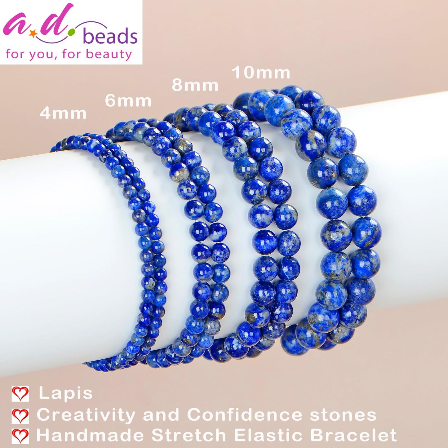 AD Beads Handmade Gemstone Stretch Elastic Bracelet Crystal Healing Reiki Nature's Beauty and Spiritual Essence Unisex (10mm, Lapis Lazuli)