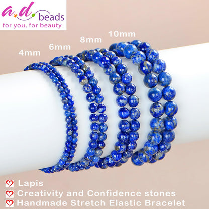 AD Beads Handmade Gemstone Stretch Elastic Bracelet Crystal Healing Reiki Nature's Beauty and Spiritual Essence Unisex (10mm, Lapis Lazuli)