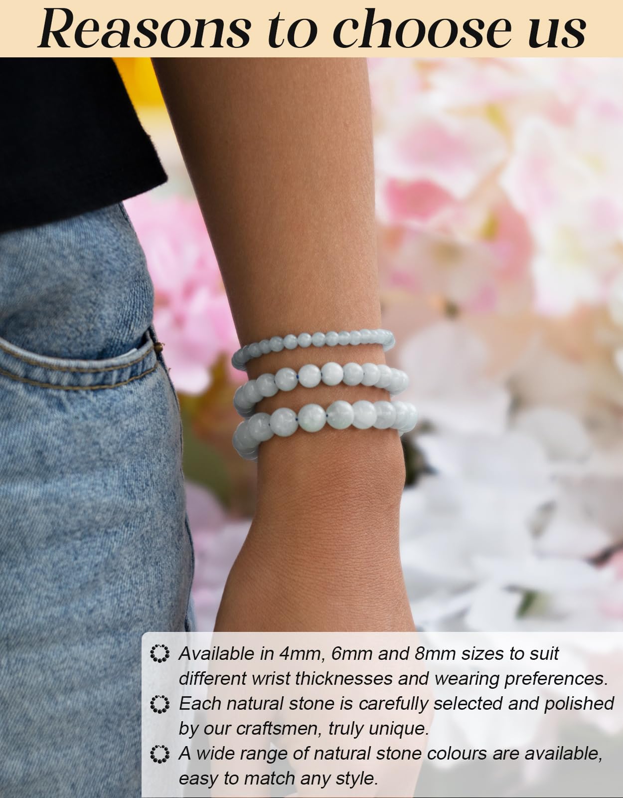 Landorilo Beaded Bracelet for Men Women, 4mm Natural Stone Aquamarine Healing Crystal Stretch Bracelets, Ideal Christmas Birthday Jewelry Gifts with Energy Card，Replacement Beads Included