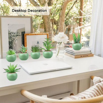 GREENTIME 6 Pcs Artificial Succulent Plants Bulk in Mini Ceramic Pots Small Fake Succulent Plant Faux Indoor Decor Bedroom Desk Bathroom Office Living Room Table Shelf Home Decoration (Green)