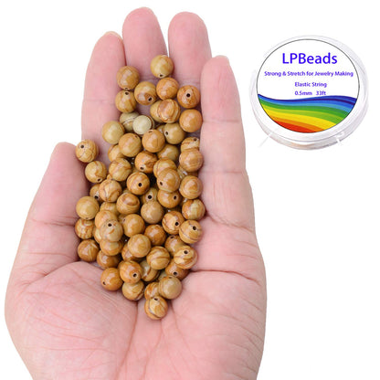 LPBeads 100PCS 8mm Natural Wood Veins Jasper Gemstone Round Loose Beads for Jewelry Making with Crystal Stretch Cord