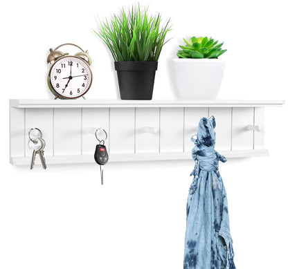Greenco Entryway Wall Mounted Floating Shelf with Wooden Peg Style Hooks, Hat and Coat Hanging Storage Shelf, 24” – White