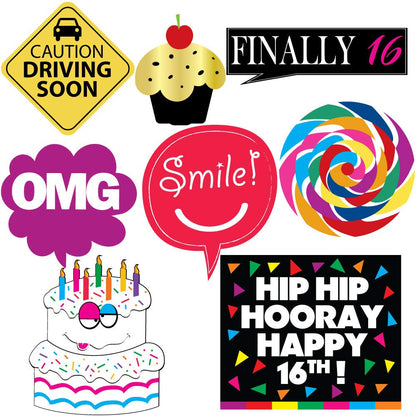 16th Birthday Photo Booth Props - 40 Pieces - Funny Birthday Party Supplies for Him or Her - Photo Booth Decorations, Favors and Gifts