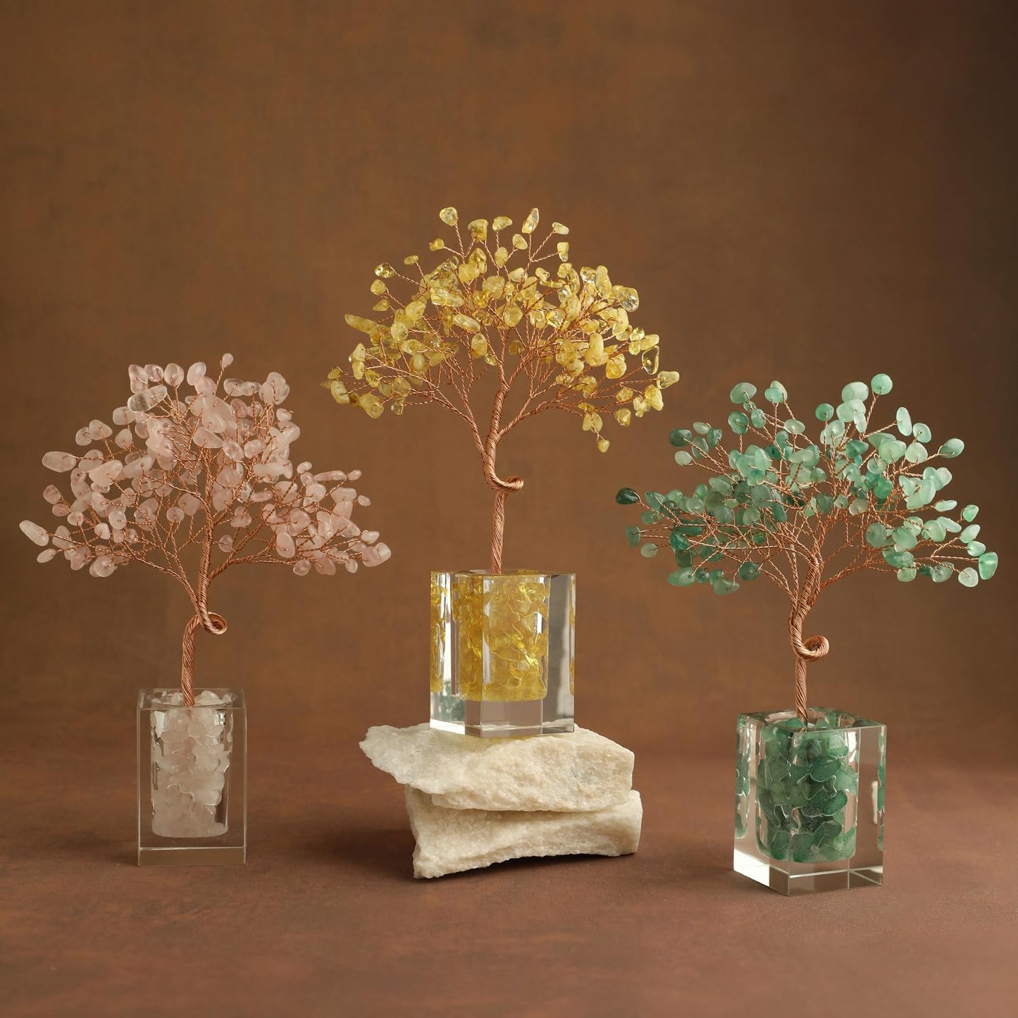 MAGIC AND MIRACLES Rose Quartz Crystal Tree of Life Office Desk Decor for Women Home Living Room Decorations, Handmade Bonsai Tree for Emotional Support Harmony Natural Healing