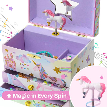 Jewelkeeper Enchanting Unicorn Musical Jewelry Box for Girls - Sparkling Rainbow Design Music Box with 2 Pullout Drawers to Store Earrings, Necklace and Bracelets - Plays The Beautiful Dreamer Tune