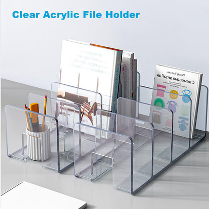 Marte Vanci Clear Acrylic File Sorter, Sturdy Desk File Organizer Shelf Book Holder Purse Handbag Clutch Divider File Folder Rack for Letter Cookbooks Home Office Kitchen Supplies 4 Sections (2 Pcs)