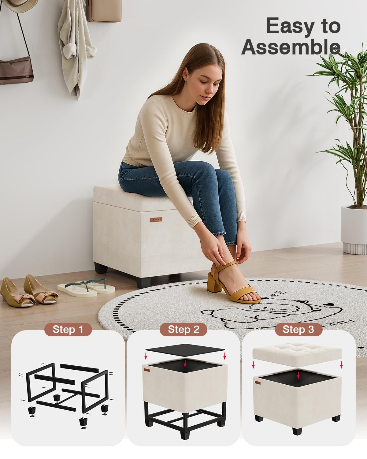 ABHENG Velvet Cover Steel Frame Ottoman with 48L Storage,17.7" x 17.7" x 17.7" Square Linen Storage Ottoman Stool Cube with Legs,for Dorm Livingroom White UASND64W