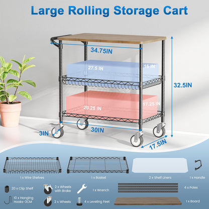 Leteuke Rolling Kitchen Carts with Wheels, 34" L x 17.5" W, 3-Tier Heavy Duty Utility Cart with Wood Tabletop, NSF Commercial Metal Serving Cart with Handle and Shelf Liner for Kitchen, Black