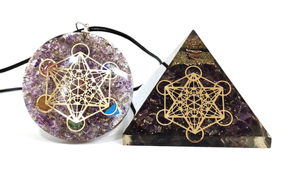 Amethyst Orgone Crystal Pyramid & Pendant Seven Chakra Metatron Cube Merkaba | Natural Stone Bracelet | Protection Kit Reiki Spiritual Healing Positive Energy Generator Yoga Meditation