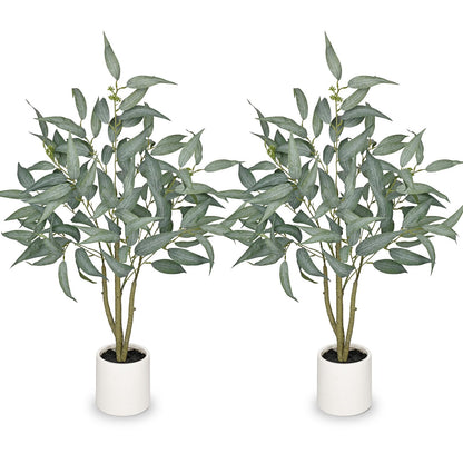 2 Packs Artificial Eucalyptus Tree in White Pot – 3FT Faux Indoor Plant for Home Décor, Modern Greenery for Living Room, Bedroom, Office – Realistic Silk Leaves, Minimalist Planter