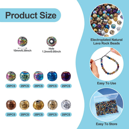250 Pcs 10mm Lava Rock Beads Natural Stone Beads Round Gemstone Loose Beads Volcanic Chakra Energy Healing Power Beads for Yoga Bracelets Earrings Necklaces Jewelry Making