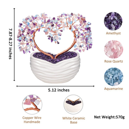 GEHECRST Healing Crystal Heart Tree Handmade Amethyst Rose Quartz Aquamarine Crystal Gemstone Money Tree Feng Shui Ornament for Home Office Desk Decor Gifts for Mom Women Christmas
