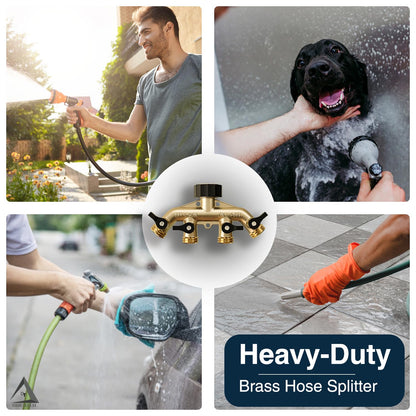 DBR Tech® Heavy Duty 4 Way Hose Splitter (Premium Brass for Superior Durability), Wye Garden Hoses Connector for Water Spigot Faucet Bib Tap, Y Adapter, Rust-Resistant Finish