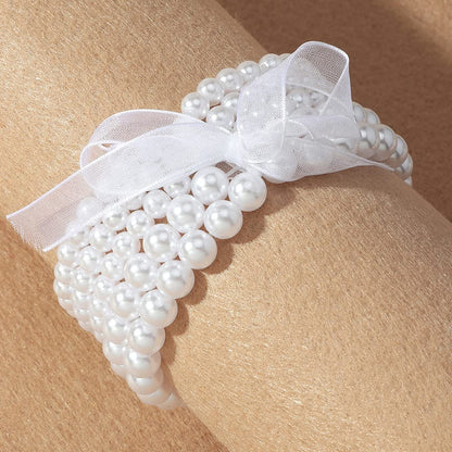 COLORFUL BLING Women Multilayer Temperament Imitated Pearl Stackable Strand Bracelets Beaded Seed Heart Rhinestone Crystal Stretch Bracelet Wedding Wrist Jewelry-5pcs bows
