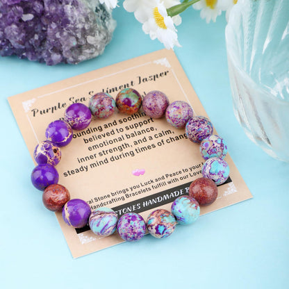 AD Beads 4mm Handmade Purple Sea Sediment Imperial Jasper Elastic Bracelet – Natural Gemstone for Joy & Positivity – Meditation, Yoga, Healing and Energy Gift for Men Women