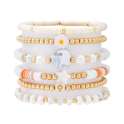 RISHEGAE Heishi Beaded Stretch Bracelets for Women Stackable Gold Polymer Clay Beads Bracelet Friendship Boho Summer Beach Bracelets Jewelry Set (D-Star Cross)