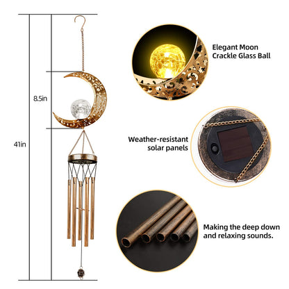DesGully Solar Wind Chimes, Sun Wind Chime Outdoor Clearance w/Glowing Crackle Glass LED Unique Wind Bells for Outside Waterproof Chimes, Gifts for Her/Him (42" Long Metal Chimes)…