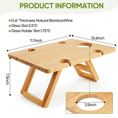 Dumbpec Bamboo Wine Picnic Table, Foldable Portable Charcuterie Tray with Bottle Slot and 4 Glass Holders, 15.6 x 11.7 x 7.5 in, for Beach, Park, Camping