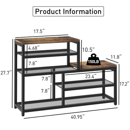 Katrawu Shoe Rack Bench Shoe Storage Organizer with Seat, 5-Tier Industrial Free Standing Shoe Rack for Entryway, Narrow Shoe Rack Organizer Shelves for High Heels, Entryways, Hallways, Closets,Brown