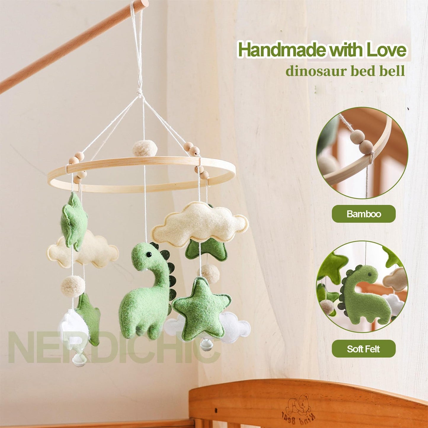 Baby Crib Mobile for Boys Girls, Nursery Decor Mobile for Bassinet, Gender Neutral Mobile Crib Accessories for Infant Bedroom Hanging Newborn Gift - Dinosaur Diplodocus, Cloud, Stars