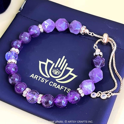 ARTSY Crafts Amethyst + Glow in The Dark Firefly Beads Bracelet, Handmade in USA, Luminous Murano Glass Beads Jewelry Mermaid Crystals (Amethyst - Slider)