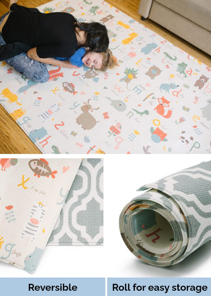 Baby Care Play Mat (Large, Moroccan - Blue) 82'' x 55'' Original One-Piece Reversible Rollable Waterproof Play Mat for Infants, Babies, Toddler, and Kids