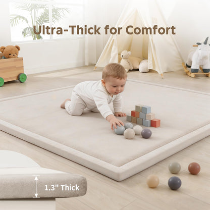COLLACOCO Baby Play Mat for Floor, 59"x79" Playpen Mat, 1.3" Thick Memory Foam Tummy Time Mat, Soft Coral Velvet Nursery Rug, Easy-Care & Non-Slip Cushioned for Infants, Kids, Toddlers Crawling, Beige