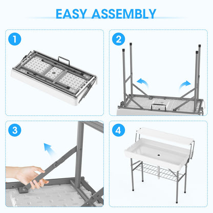 HLPB 4 FT Party Ice Cooler Folding Table with Folding Board, Outdoor ice Table with Skirt & Drain & Folded Buckets & Barbed Wire, Portable Foldable Bar Table for Party, BBQ, Camping, Picnic, White