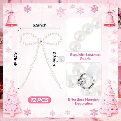 12 Pcs White Pearl Bow Ornaments for Christmas Tree Decorations Pearl Christmas Ornaments Hanging Christmas Tree Toppers for Xmas Gift Packaging Home Wreath Fireplace Fence Wedding Holiday Party Decor