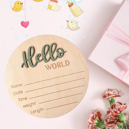 Baby Announcement Sign, 5.9 Inch Wooden Hello World Newborn Signs, Birth Announcement Sign, Baby Shower Hospital Nursery for Newborn Boys and Girls (Forest Green)